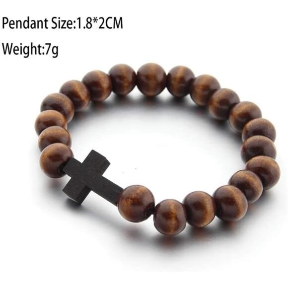 Wood Bead Cross Bracelet Men Women Religious Faith Prayer Handmade Jewelry - Picture 5 of 6